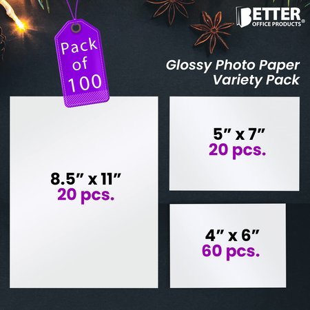 Better Office Products Glossy Photo Paper Variety Pack, 100 Total Sheets 60Ct 4 x 6in. 20Ct 5 x 7in., 100PK 32212